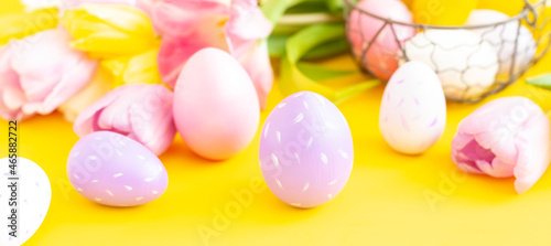 Easter greeting card with decorative painted multicolored eggs. Easter concept