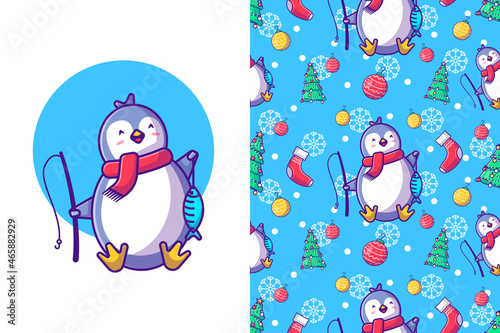 Merry christmas with happy penguin and fish in winter seamless pattern