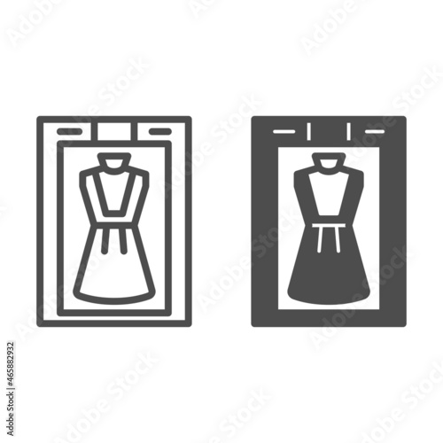 Dry cleaning machine with dress inside line and solid icon, cleaning concept, laundry equipment vector sign on white background, outline style icon for mobile concept and web design. Vector graphics.
