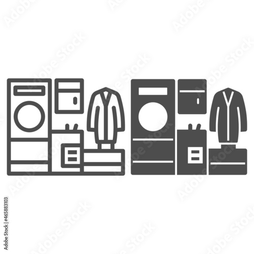 Dry cleaning equipment, washing machine and coat line and solid icon, cleaning concept, laundry vector sign on white background, outline style icon for mobile concept and web design. Vector graphics.