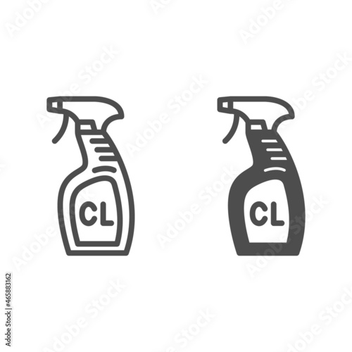 Cleaning spray CL in bottle, pulverizer line and solid icon, cleaning concept, washing agent vector sign on white background, outline style icon for mobile concept and web design. Vector graphics.