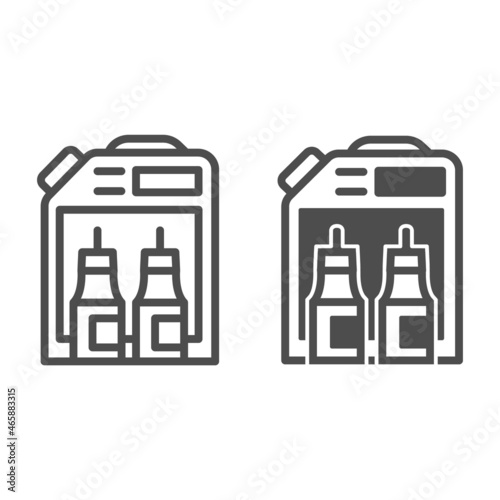 Jerry can and two bottles line and solid icon, dry cleaning concept, chemical wash, detergent vector sign on white background, outline style icon for mobile concept and web design. Vector graphics.