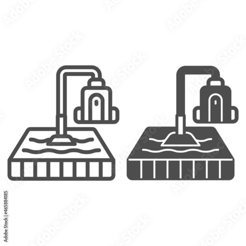 Cleaning mattress with vacuum cleaner line and solid icon, cleaning concept, bed hoovering vector sign on white background, outline style icon for mobile concept and web design. Vector graphics.