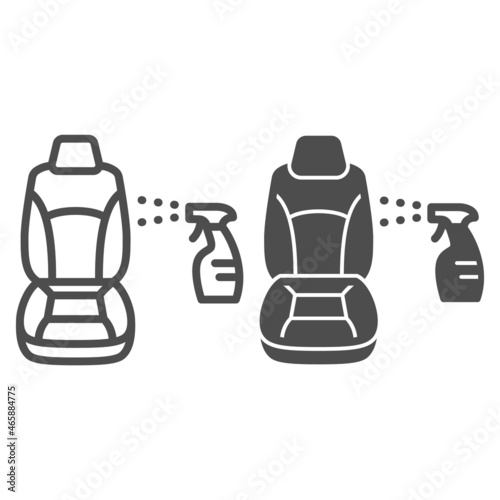 Car seat, spray, chemical cleaning line and solid icon, cleaning concept, convertible seat wash vector sign on white background, outline style icon for mobile concept and web design. Vector graphics.