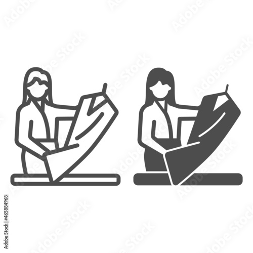 Woman checkes out dess, clothing line and solid icon, clothes concept, garment quality check vector sign on white background, outline style icon for mobile concept and web design. Vector graphics.