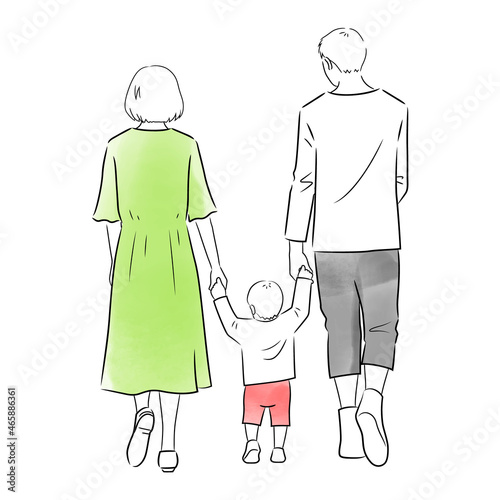 Illustration of back view of the family on a walk (white background, vector, cut out)