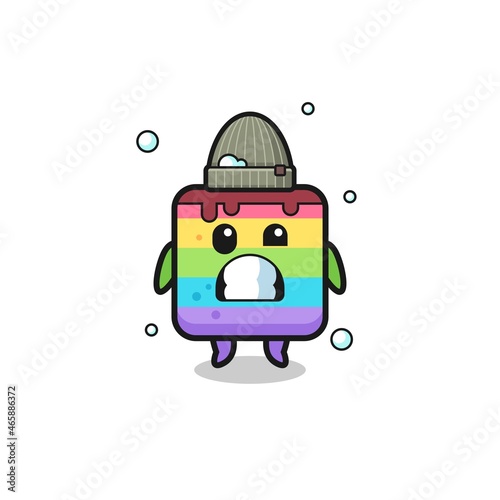 cute cartoon rainbow cake with shivering expression