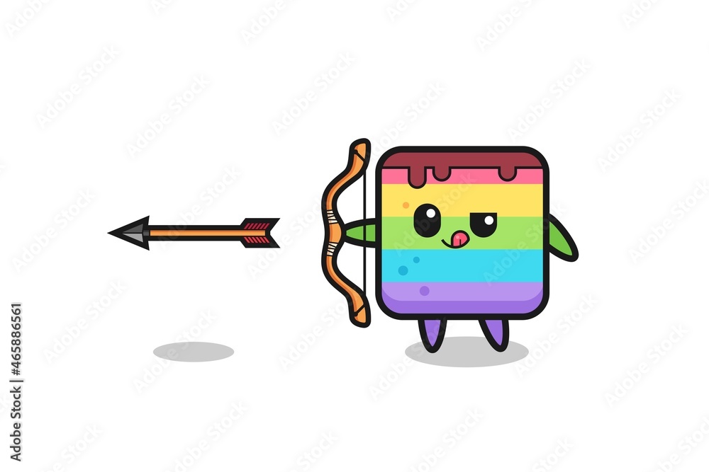 illustration of rainbow cake character doing archery