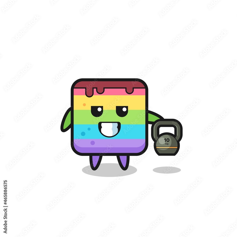 rainbow cake mascot lifting kettlebell in the gym rainbow cake mascot lifting kettlebell in the gym