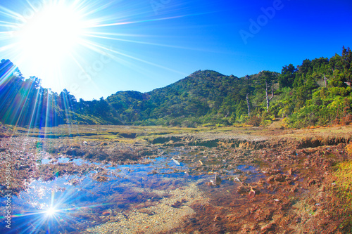 花之江河の湿原と黒味岳と太陽の光芒, 屋久島町,熊毛郡,鹿児島県 photo