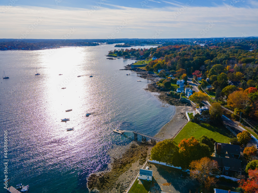 Piscataqua River mouth to the Portsmouth Harbor aerial view at sunset in fall in Kittery Point in town of Kittery, Maine ME, USA. 