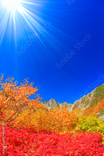 ナナカマドとダケカンバの紅葉と宝剣岳と太陽の光芒, 駒ヶ根市,長野県