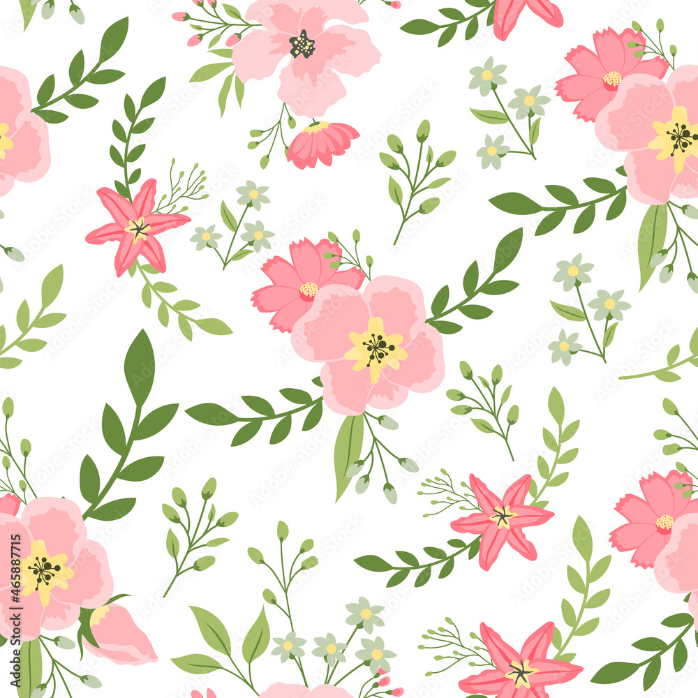 Cute pink flower and leaf seamless pattern vector on white background