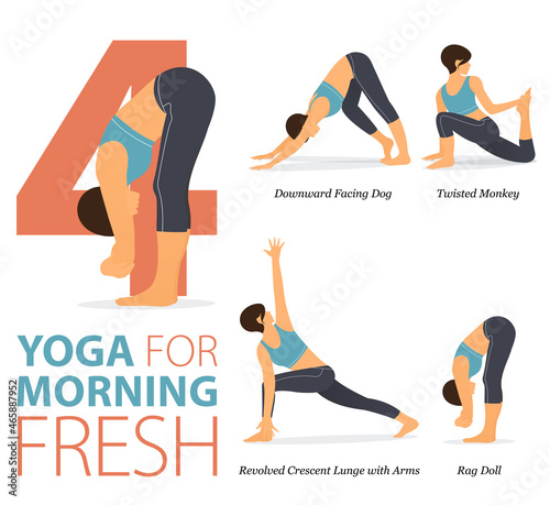 4 Yoga poses or asana posture for workout in morning fresh concept. Women exercising for body stretching. Fitness infographic. Flat cartoon vector