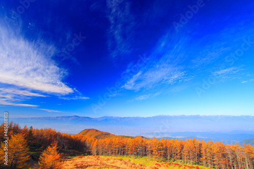 秋空と紅葉のカラマツ林と穂高連峰などの山並み, 松本市,長野県 photo