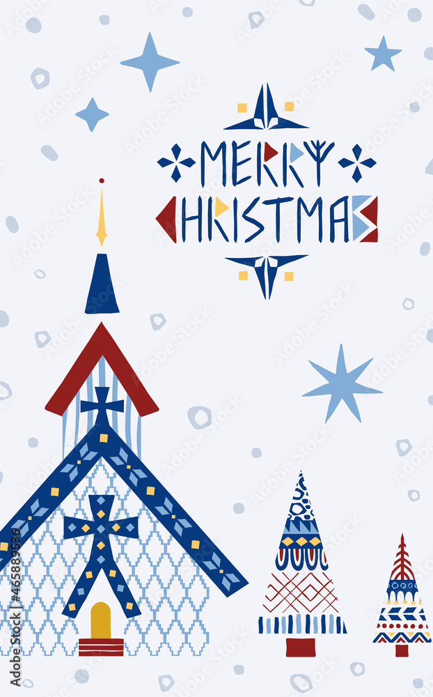 Vertical Christmas Scandinavian background with stave church, trees and text.Also can be used as separated elements.