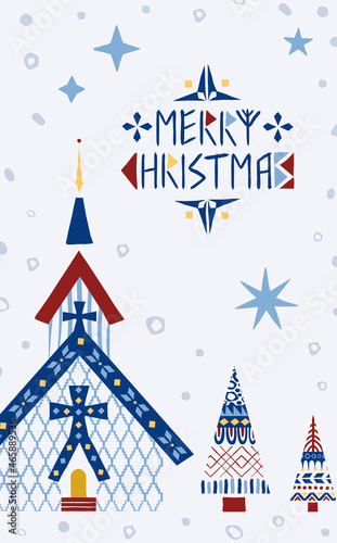 Vertical Christmas Scandinavian background with stave church  trees and text.Also can be used as separated elements.