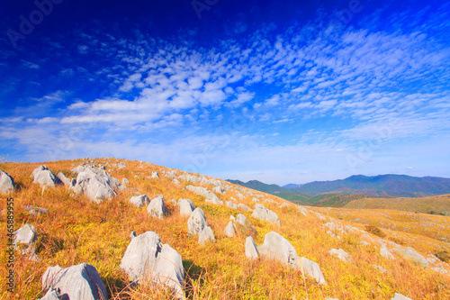 草紅葉とカルスト台地の石灰岩と秋空と鯨ヶ岳などの山並み, 日本,美祢市,山口県