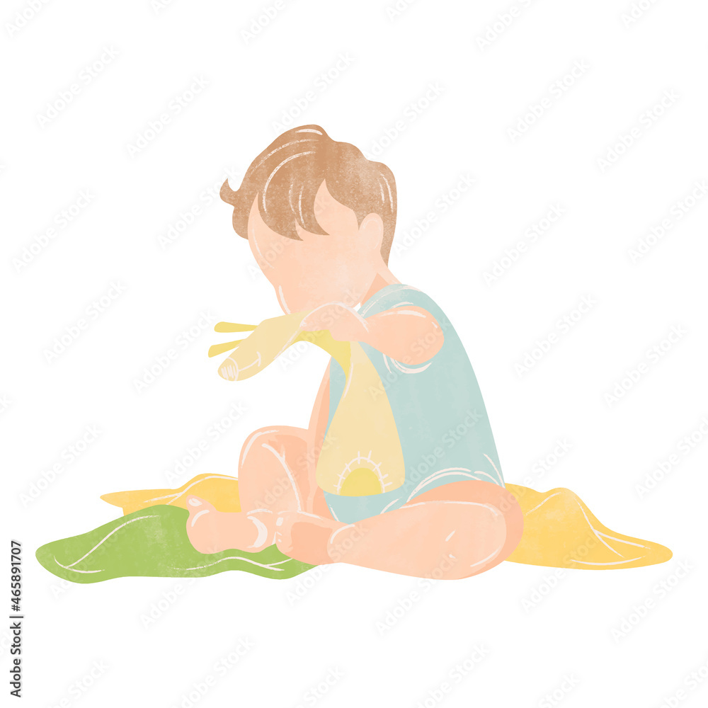 ぬいぐるみで遊ぶ赤ちゃんの手描き水彩風イラスト ぬいぐるみで遊ぶ赤ちゃんの手描き水彩風イラスト