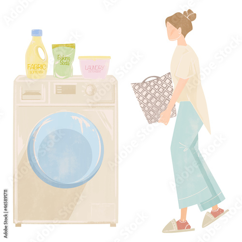 洗濯をする主婦の手描き水彩風イラスト