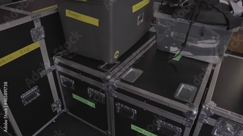 This panning video shows stacks of studio concert event travel roadie cases.