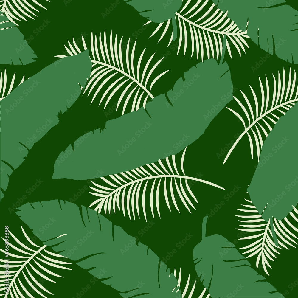 Tropical leaf seamless pattern on dark green background