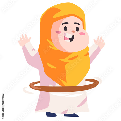 the muslim cute girl with yellow hijab is playing hula hoop modern cartoon color isolated background vector illustration