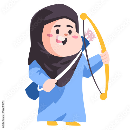 Muslim woman kids children with hijab and blue dress is holding a bow in a archery tournament modern cartoon color isolated background vector illustration
