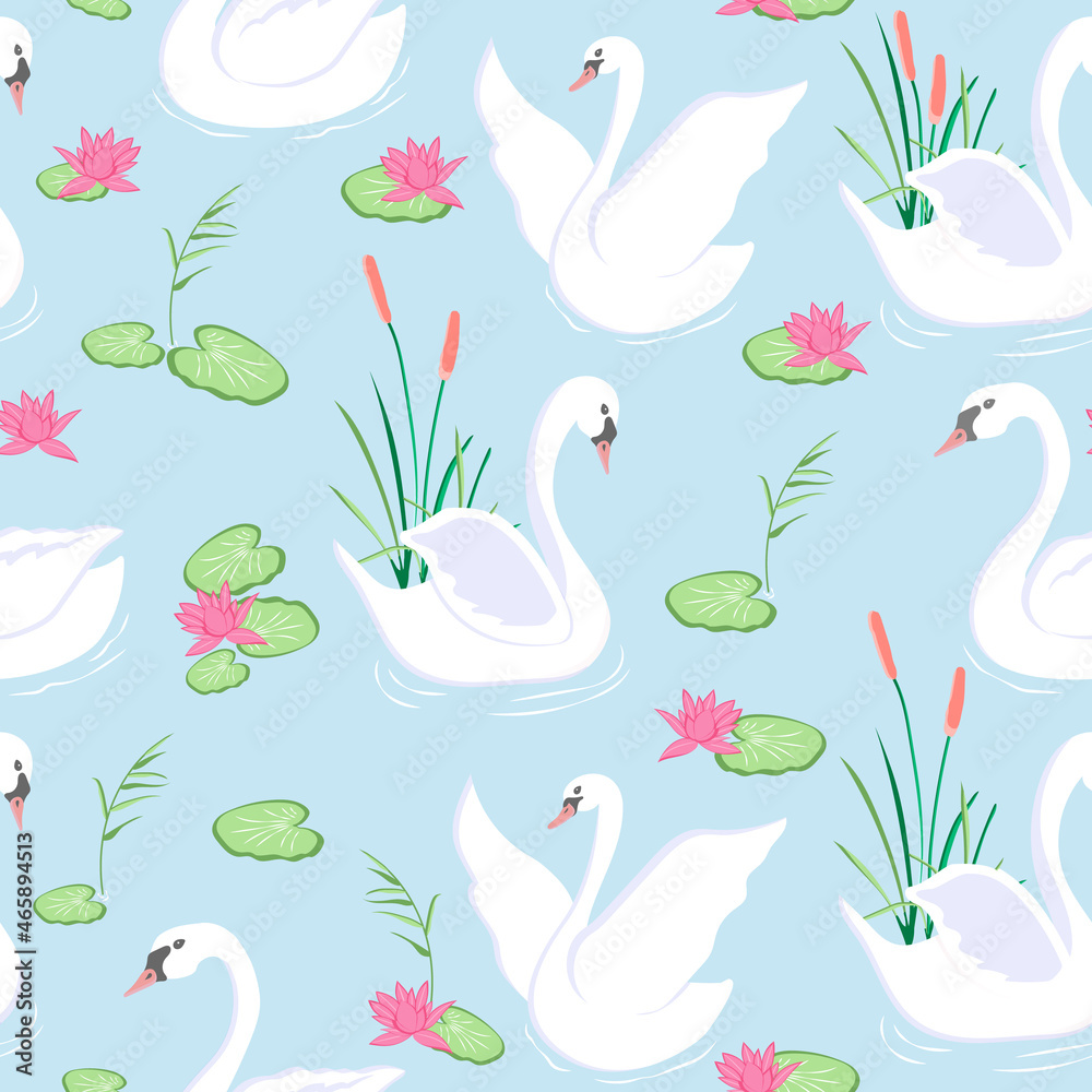 White swan background seamless cartoon vector illustration. Swan in pond wallpaper