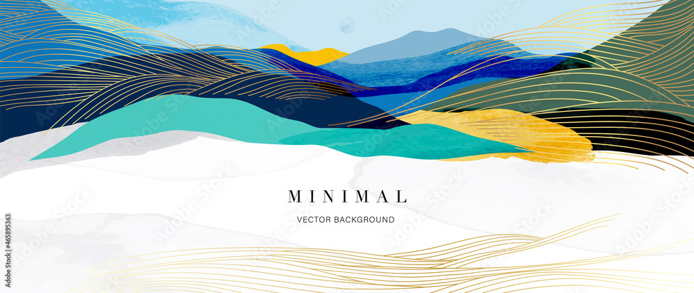 Mountain background vector. Minimal landscape art with watercolor brush and golden line art texture. Abstract art wallpaper for prints, Art Decoration, wall arts and canvas prints. 