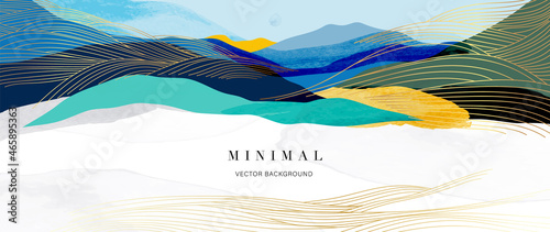 Mountain background vector. Minimal landscape art with watercolor brush and golden line art texture. Abstract art wallpaper for prints, Art Decoration, wall arts and canvas prints. 