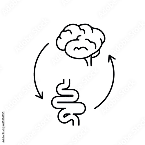 Gut Brain Axis. Brain and stomach line icon. Brain gut connection. Psychobiotic medical concept. Vector illustration on white background