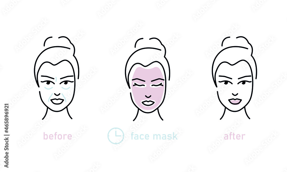 Tired girl before and after Use Facial Sheet Mask. Beauty Skincare Routine. Outline concept. Line icons set. Flat Vector Illustration Tired girl before and after Use Facial Sheet Mask. Beauty Skincare Routine. Outline concept. Line icons set. Flat Vector Illustration