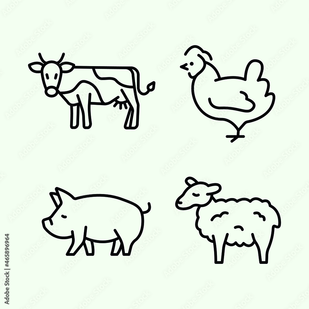 SET of domestic mammal icon vector illustration. Cow hen pig sheep outline symbol. Chicken pork beef meat production, bird breeding. Poultry farm, animal husbandry SET of domestic mammal icon vector illustration. Cow hen pig sheep outline symbol. Chicken pork beef meat production, bird breeding. Poultry farm, animal husbandry