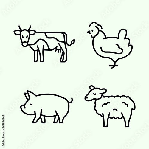 SET of domestic mammal icon vector illustration. Cow hen pig sheep outline symbol. Chicken pork beef meat production, bird breeding. Poultry farm, animal husbandry