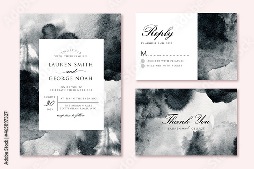 wedding invitation set with monochrome abstract watercolor background