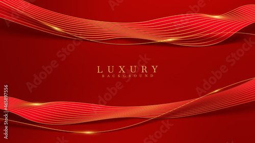 Luxury golden curve line on red background with glitter light effects elements.