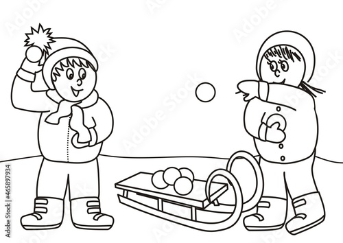 girl and boy with snowballs and sleigh, funny vector illustration, children in the mountains, boy and girl with sledge, coloing book, eps.