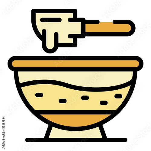 Bowl with dough and paddle icon. Outline bowl with dough and paddle vector icon color flat isolated