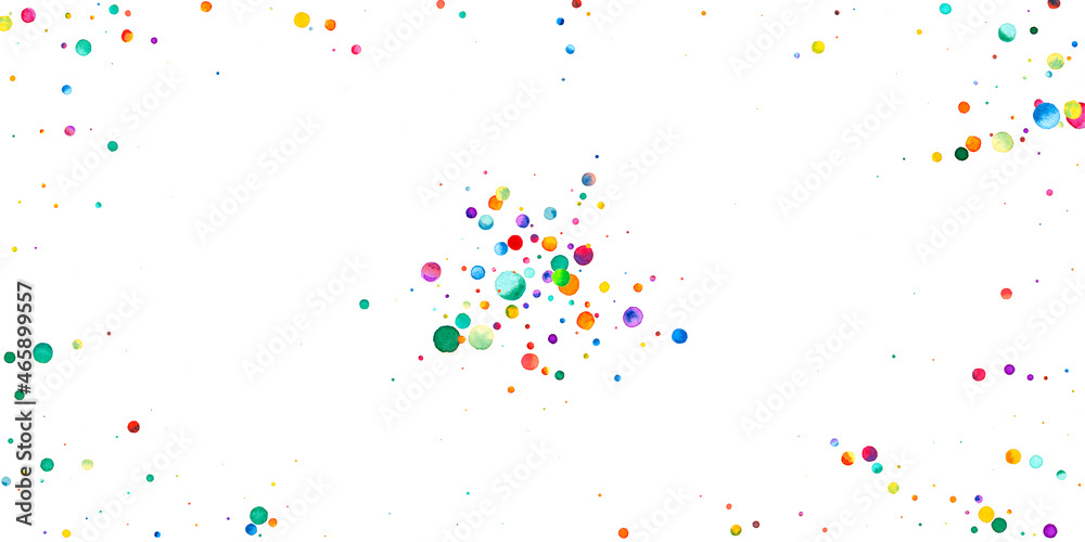 Watercolor confetti on white background. Alive rainbow colored dots. Happy celebration wide colorful bright card. Gorgeous hand painted confetti.