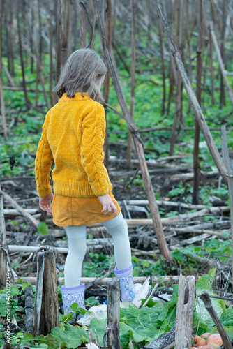 portrait of a little girl in a yellow sweater in the dry grass, goes