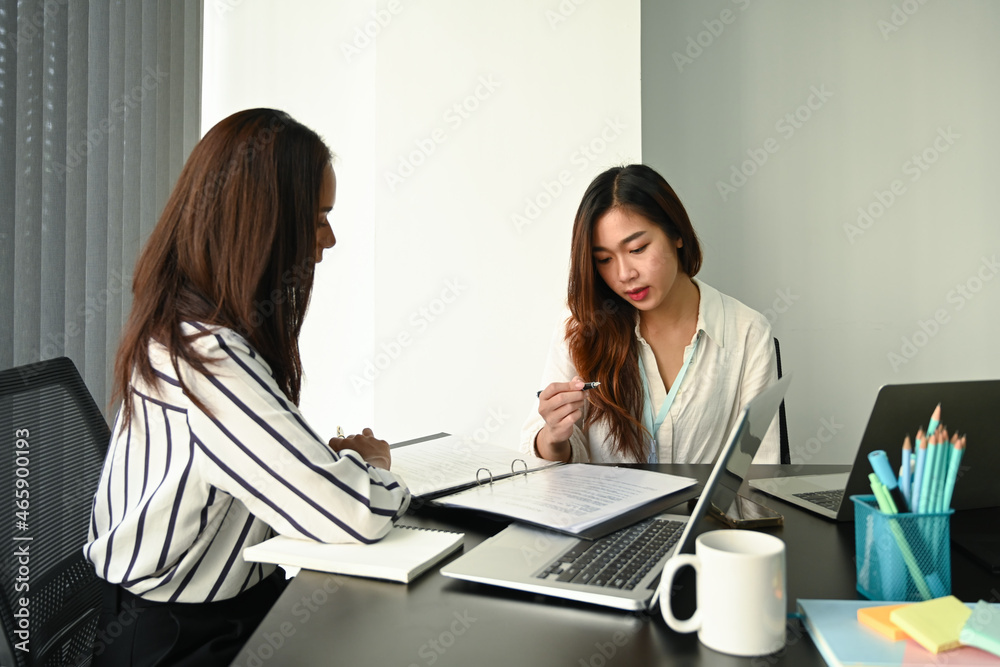 Two businesswomen discussing business project and working together in office. Two businesswomen discussing business project and working together in office.
