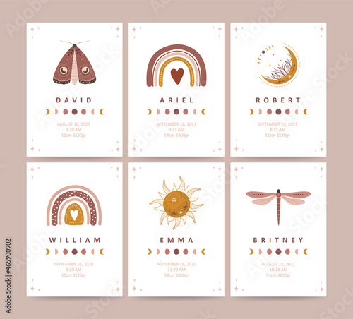 Boho baby shower poster. Newborn metric. Celestial insects with moon and stars. Scandinavian card with kids name, height, weight, date of birth. Cute pastel vector illustration in flat style.