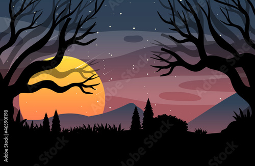 Spooky forest night background with full moon