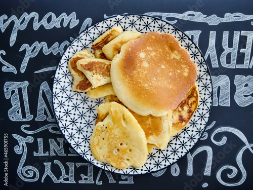 Homemade Pancake Desert in a plate with Graphic Background
