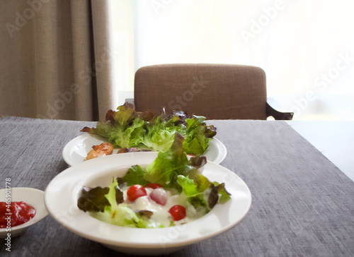 Eating at Home, Salad and Steak Menu on the Table, Sitting Breakfast View
