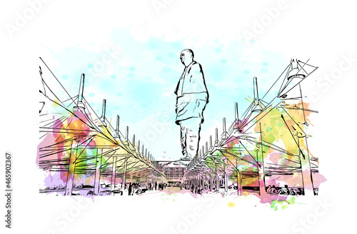 The Statue of Unity is a statue of Vallabhbhai Patel, a leader of the Indian independence movement in the Indian state of Gujarat. Watercolor splash with Hand drawn sketch illustration in vector.