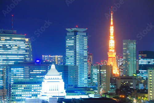 国会議事堂と東京タワーとビル群の夜景, 千代田区,東京都 photo