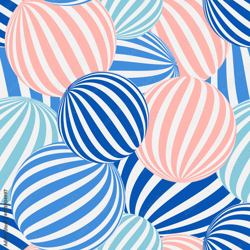 Fototapeta premium Sphere with stripes. Seamless pattern with circles geometric abstraction for modern and fashionable textile industry, paper products. Blue and pink. 