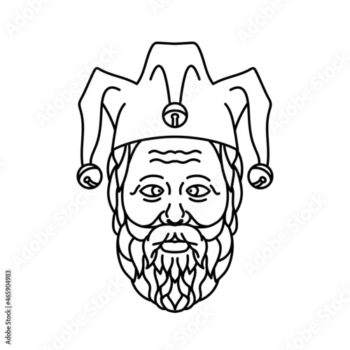 Mono line illustration of  head of cross eyed old court jester or fool wearing a jester hat and beard viewed from front done in black and white monoline line art style.